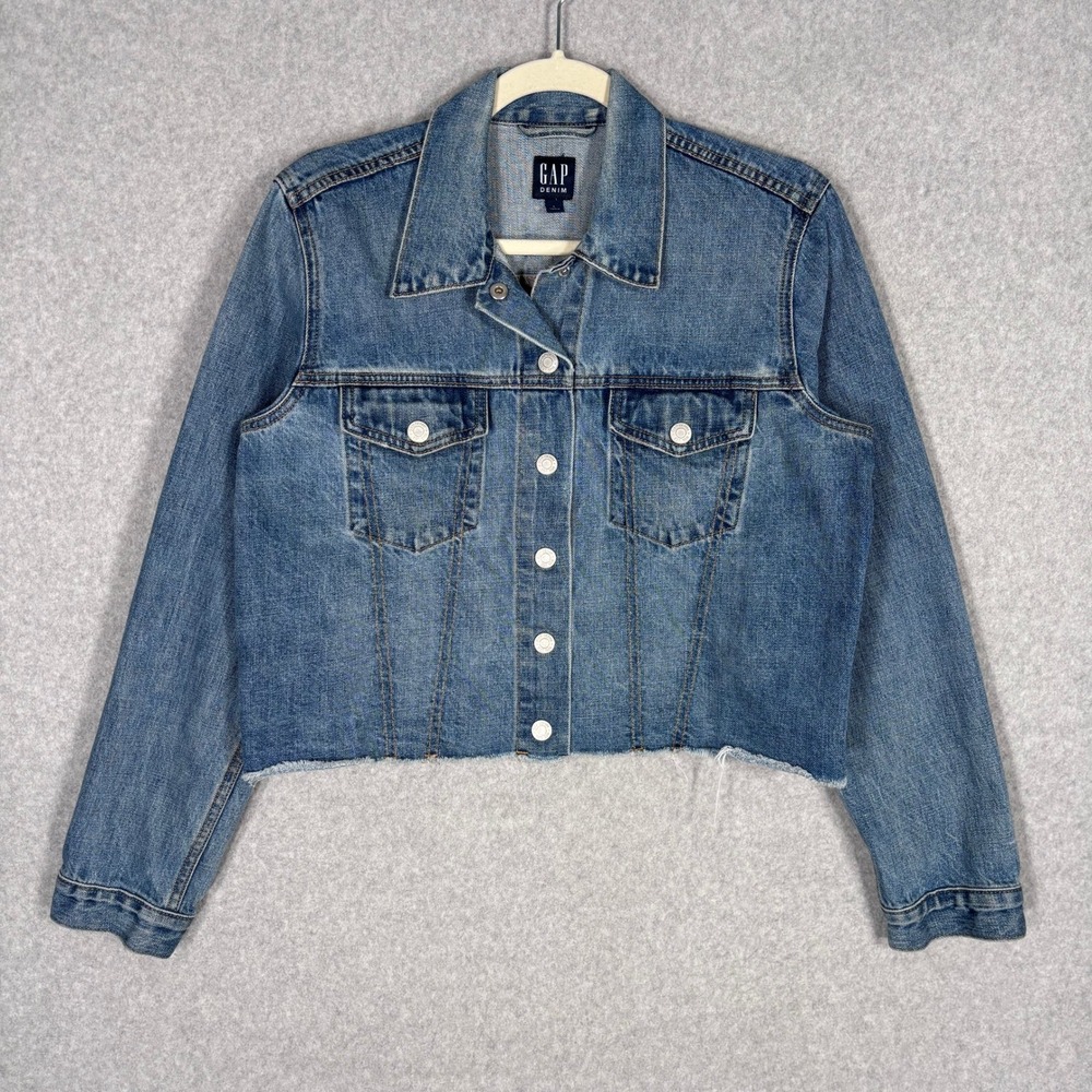 Gap Jean Jacket Large‎ Raw Frayed Hem Cropped Trucker Western Cowgirl Retro